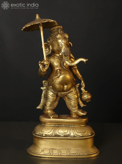 14" Lord Ganesha with Umbrella Brass Idol for Pooja