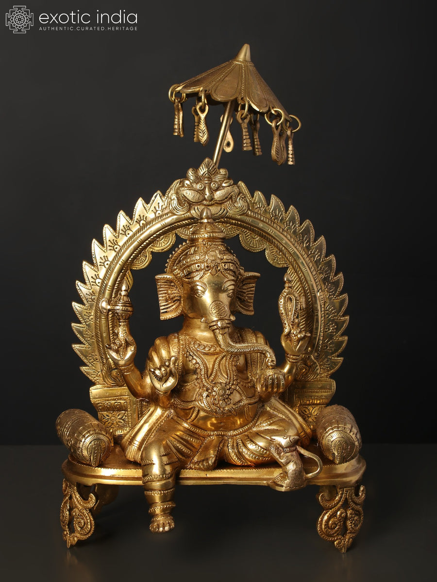 17" Brass Ganapati Idol Seated on Kirtimukha Singhasan Statue