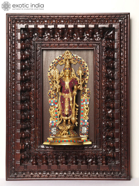 27" Wood Framed Standing Lord Vishnu with Garuda in Brass with Inlay Work | Wall Hanging