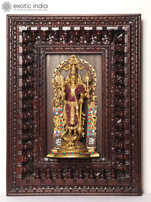 27" Brass Lord Vishnu with Garuda Wood Framed Wall Hanging