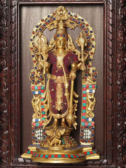 27" Wood Framed Standing Lord Vishnu with Garuda in Brass with Inlay Work | Wall Hanging
