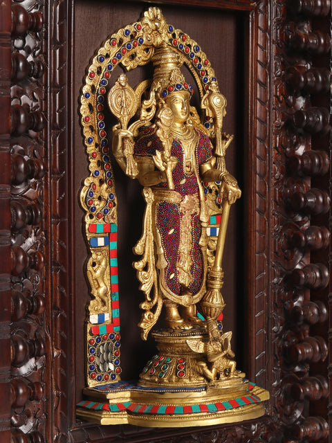 27" Wood Framed Standing Lord Vishnu with Garuda in Brass with Inlay Work | Wall Hanging