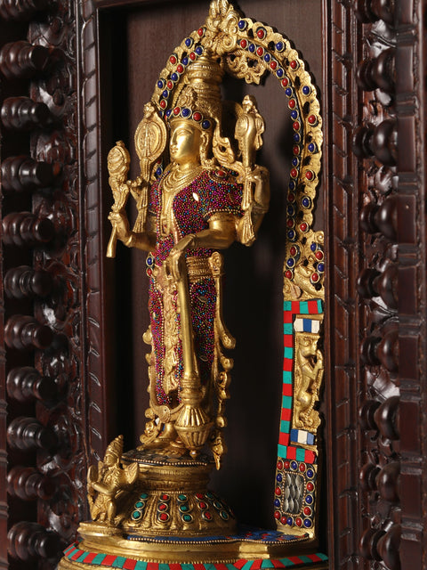 27" Wood Framed Standing Lord Vishnu with Garuda in Brass with Inlay Work | Wall Hanging
