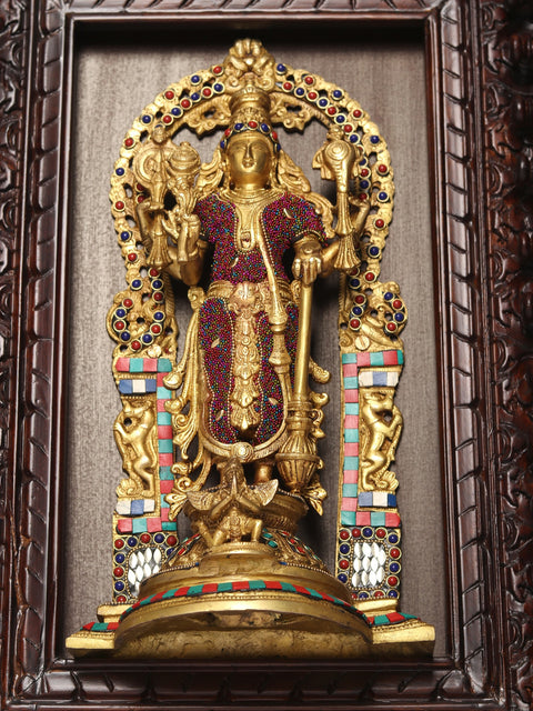 27" Wood Framed Standing Lord Vishnu with Garuda in Brass with Inlay Work | Wall Hanging