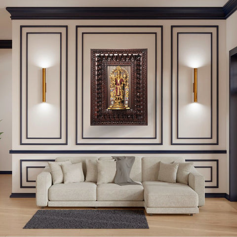 27" Wood Framed Standing Lord Vishnu with Garuda in Brass with Inlay Work | Wall Hanging