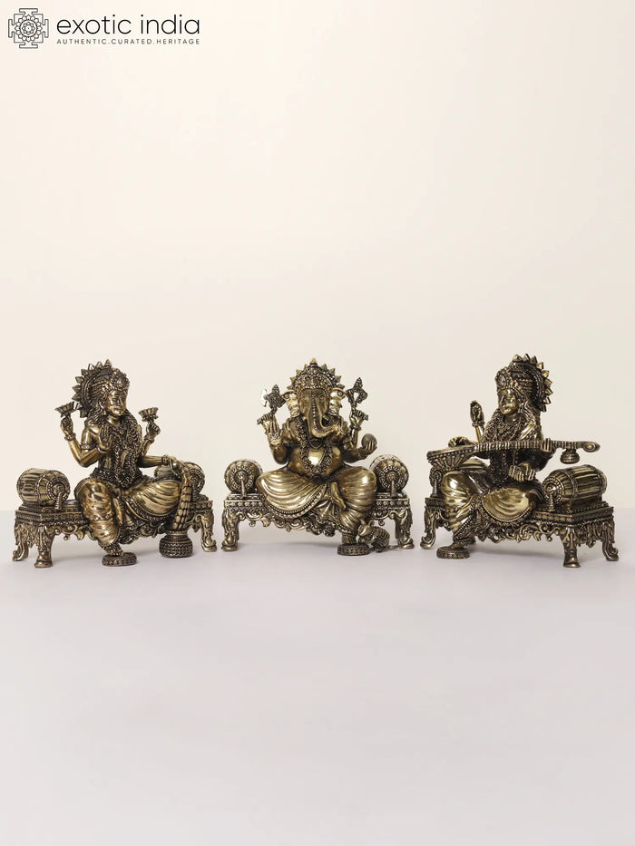 5" Brass Lakshmi Ganesha Saraswati Idol on Singhasan Throne