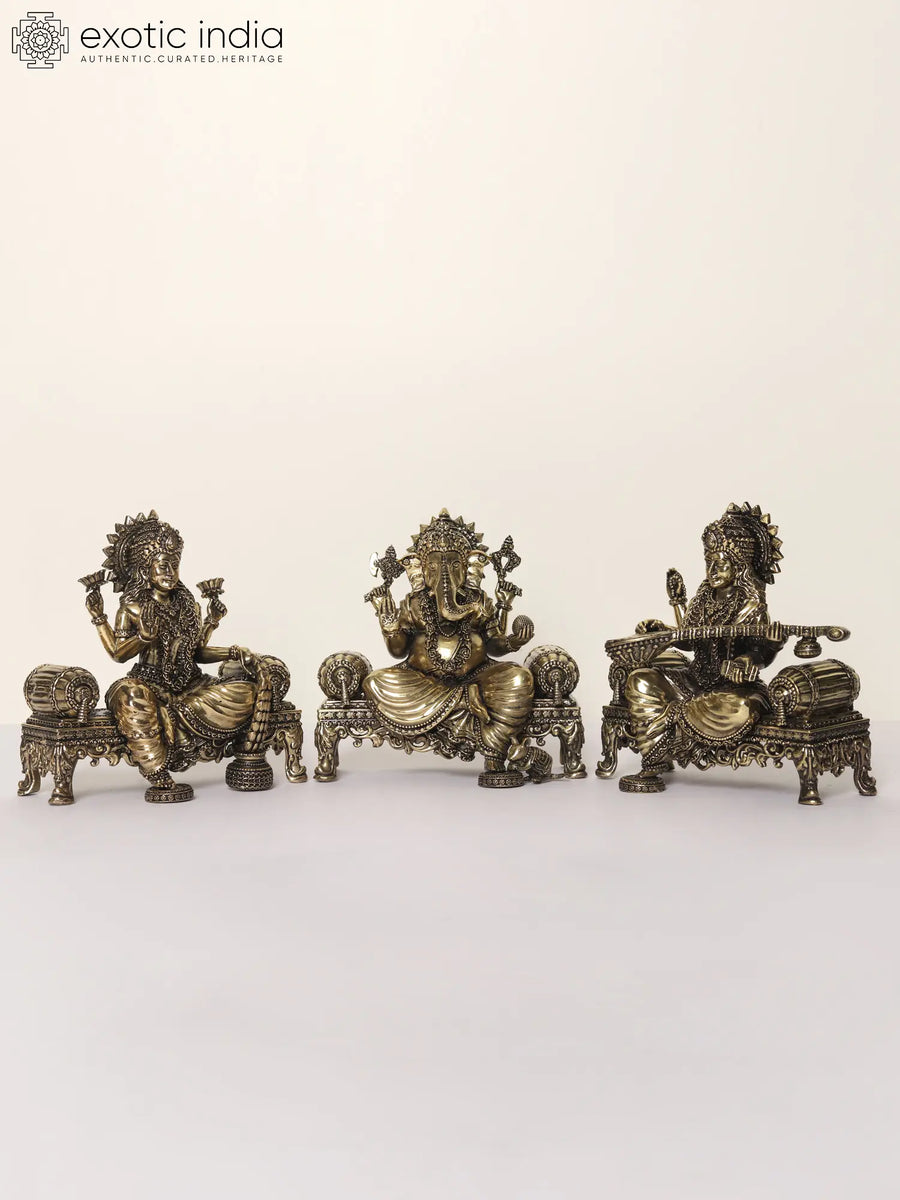 5" Brass Lakshmi Ganesha Saraswati Idol on Singhasan Throne
