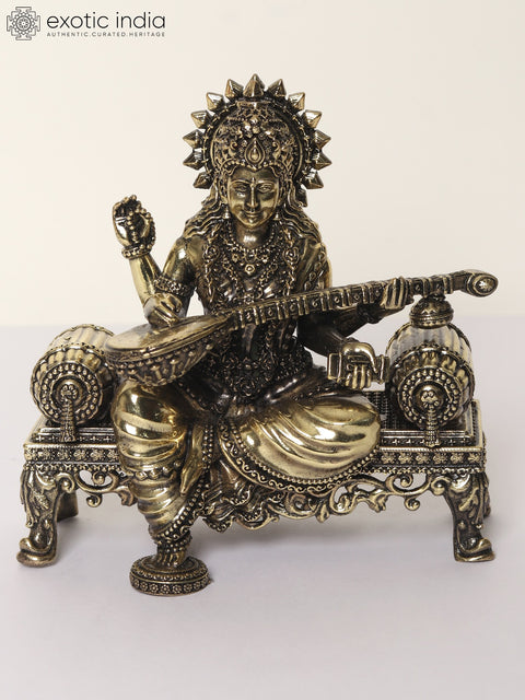 5" Superfine Lakshmi Ganesha Saraswati Idol Seated on Singhasan | Brass Statues