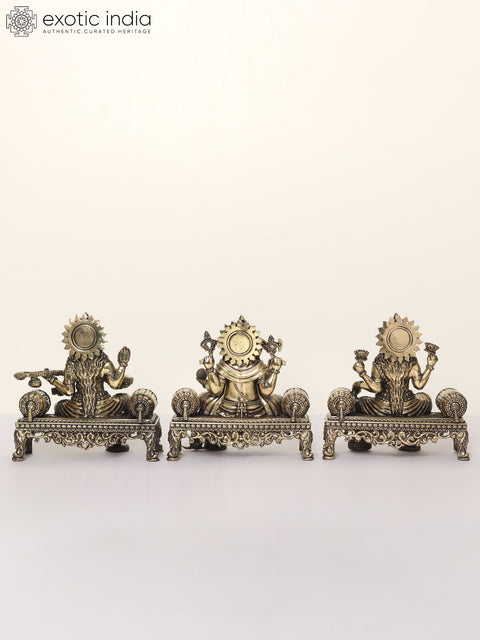 5" Superfine Lakshmi Ganesha Saraswati Idol Seated on Singhasan | Brass Statues