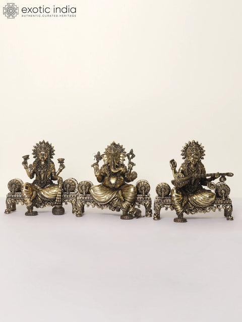 5" Superfine Lakshmi Ganesha Saraswati Idol Seated on Singhasan | Brass Statues