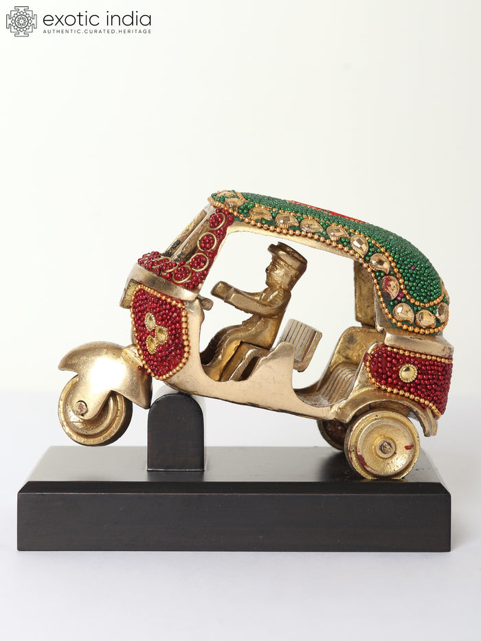 5" Brass Auto-Rickshaw Statue with Wood Inlay Handmade