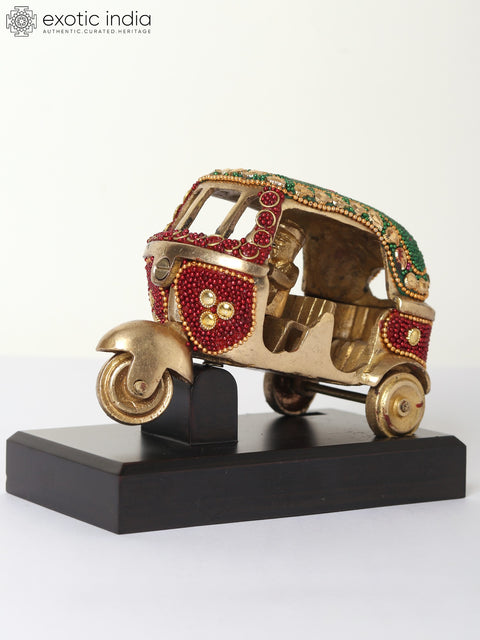 5" Small Decorative Auto-Rickshaw | Brass with Inlay Work and Wood
