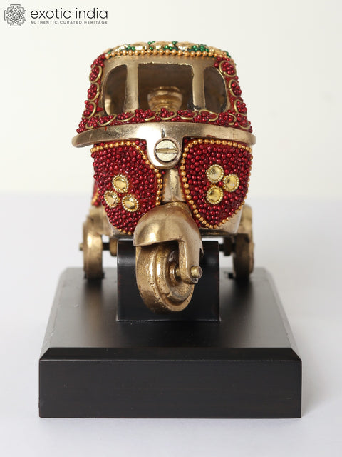 5" Small Decorative Auto-Rickshaw | Brass with Inlay Work and Wood