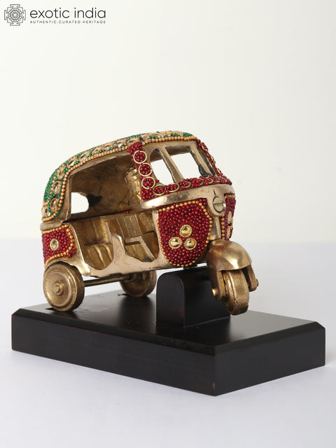 5" Small Decorative Auto-Rickshaw | Brass with Inlay Work and Wood