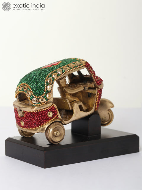 5" Small Decorative Auto-Rickshaw | Brass with Inlay Work and Wood