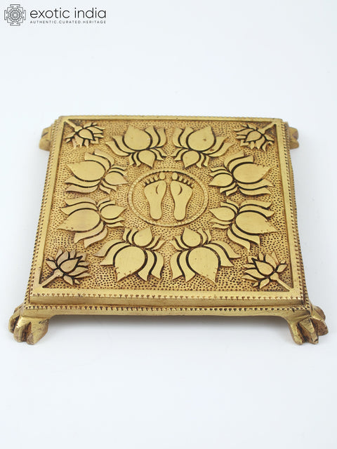 8" Charan Engraved Lotus Design Brass Pedestal/Chowki