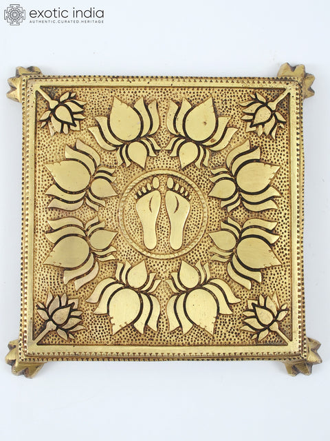 8" Charan Engraved Lotus Design Brass Pedestal/Chowki