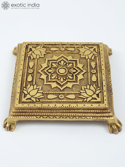 8" Square Shape Lotus Design Brass Chowki/Pedestal