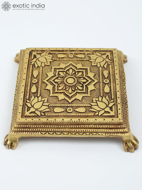 8" Square Lotus Design Brass Chowki Pedestal for Pooja