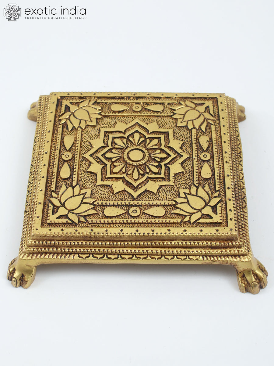 8" Square Lotus Design Brass Chowki Pedestal for Pooja