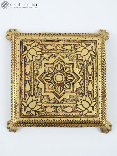 8" Square Shape Lotus Design Brass Chowki/Pedestal