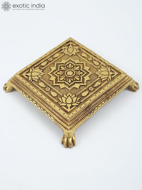8" Square Shape Lotus Design Brass Chowki/Pedestal