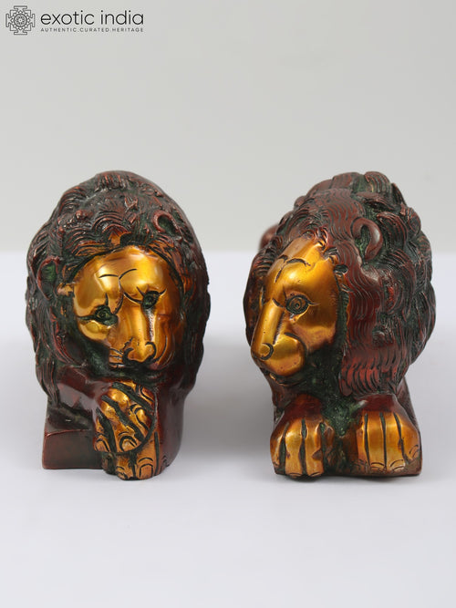 8" Brass Lion and Lioness Pair Statue Handmade