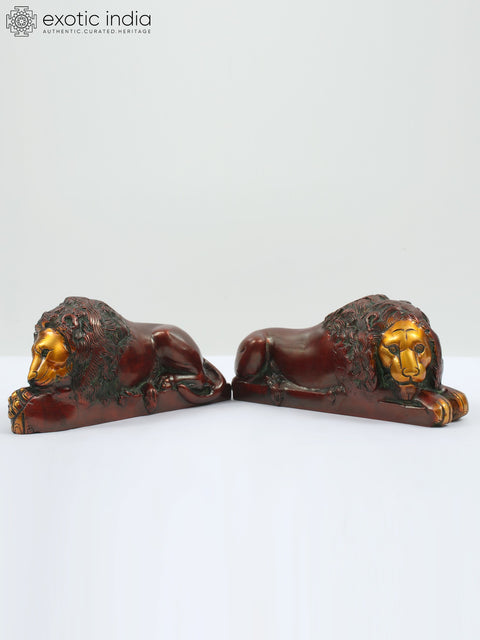8" Pair of Brass Lion and Lioness (शेर-शेरनी)