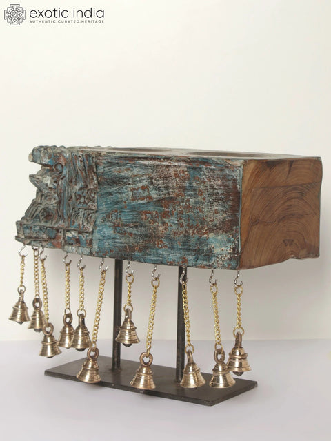 15" Designer Wooden Candle Holder on Iron Stand with Dangling Bells in Brass