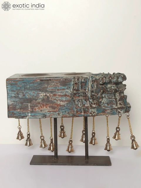15" Designer Wooden Candle Holder on Iron Stand with Dangling Bells in Brass