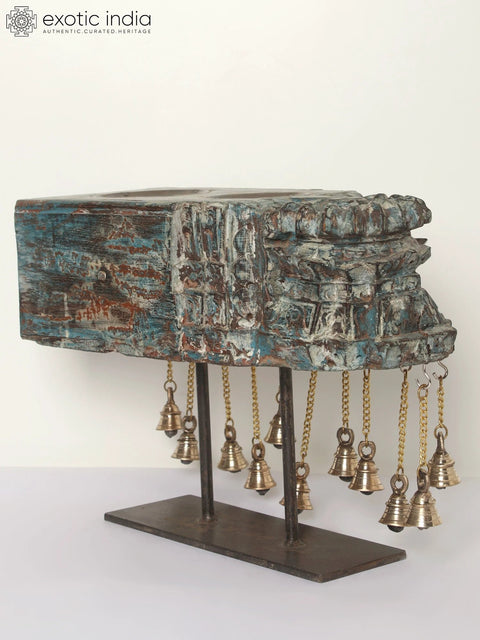 15" Designer Wooden Candle Holder on Iron Stand with Dangling Bells in Brass