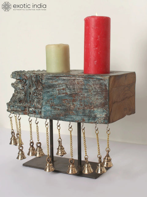 15" Designer Wooden Candle Holder on Iron Stand with Dangling Bells in Brass