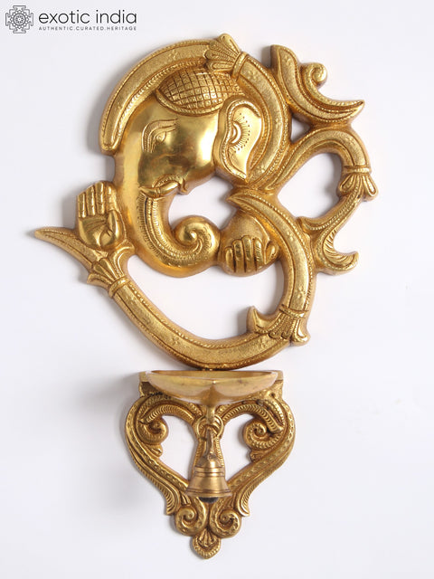 13" Blessing Ganesha in Aum (Om) with Lamp and Bell in Brass | Wall Hanging