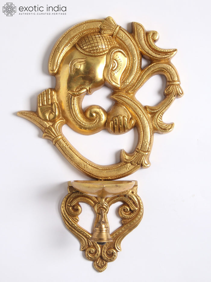 13" Blessing Ganesha Aum Om Brass Wall Hanging with Lamp and Bell