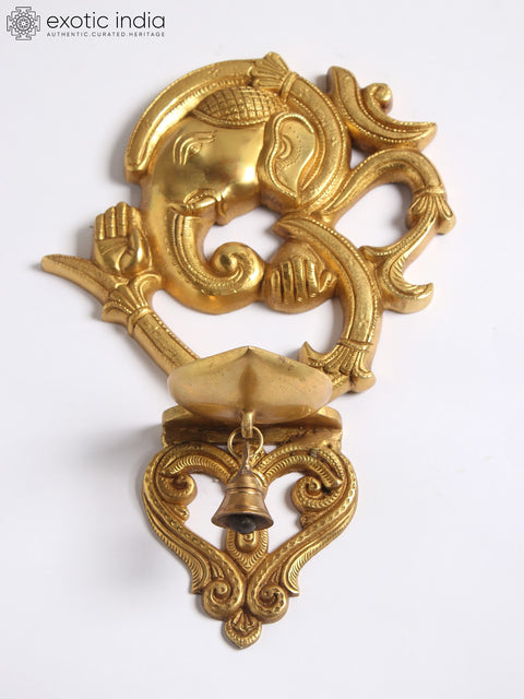 13" Blessing Ganesha in Aum (Om) with Lamp and Bell in Brass | Wall Hanging