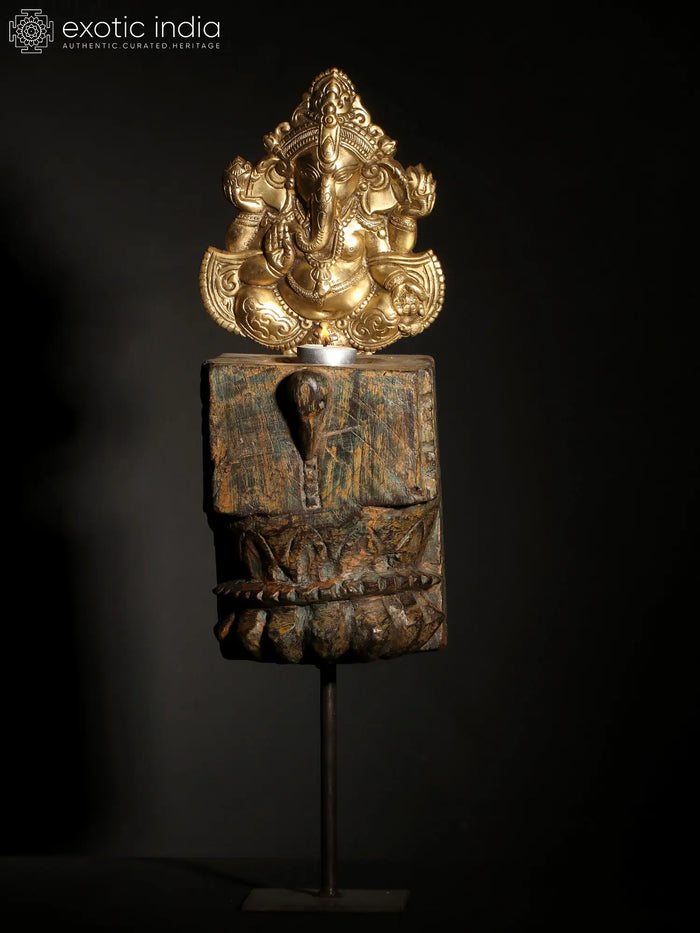 21" Wooden Candle Holder with Blessing Ganesha Statue in Brass on an Iron Stand