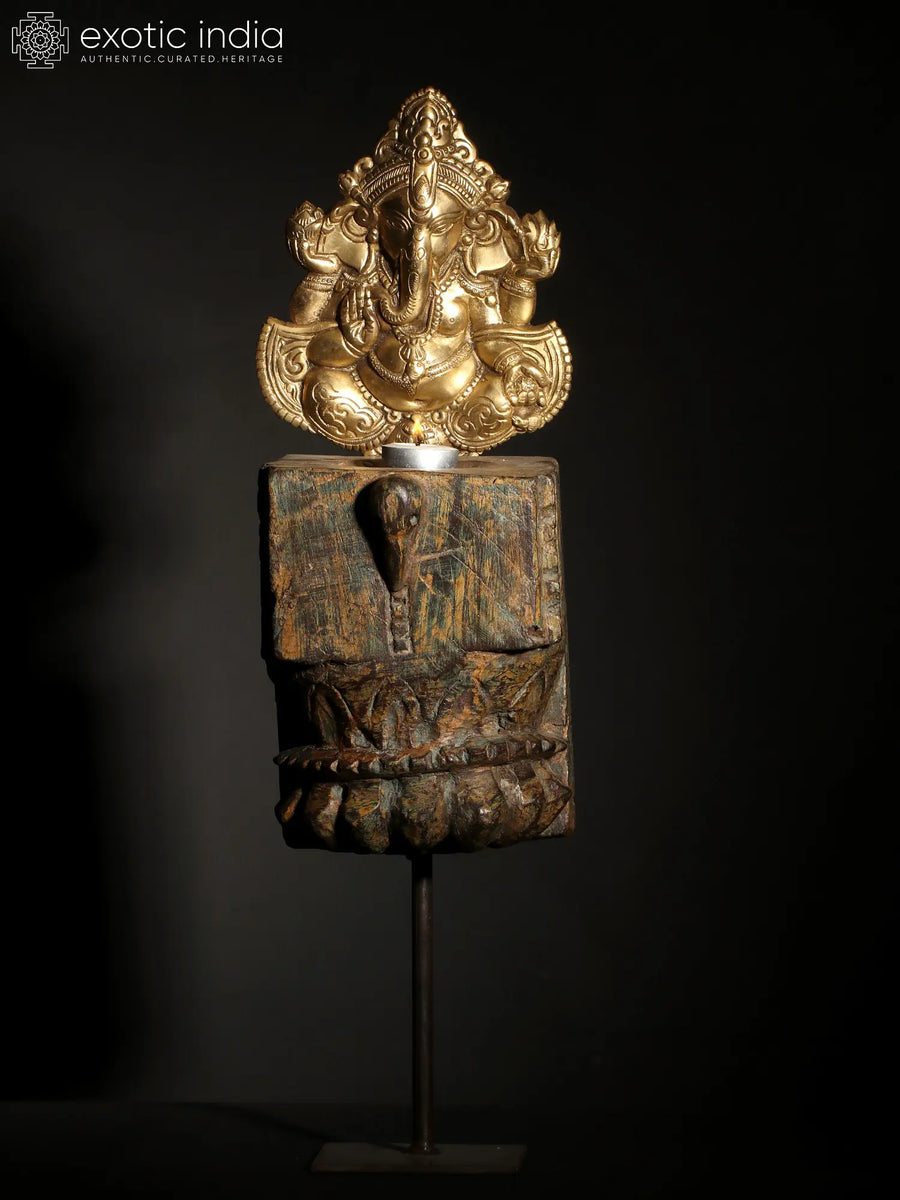 21" Wooden Brass Ganesha Candle Holder Statue with Iron Stand