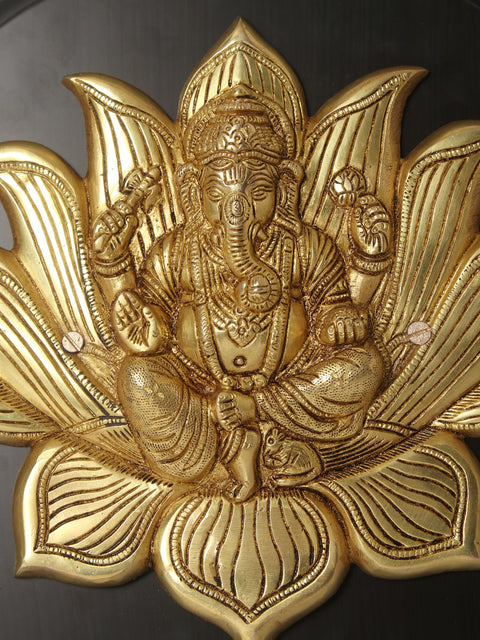 13" Lotus Ganesha in Brass | Wood Framed | Wall Hanging