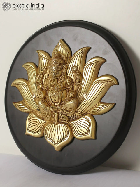 13" Lotus Ganesha in Brass | Wood Framed | Wall Hanging