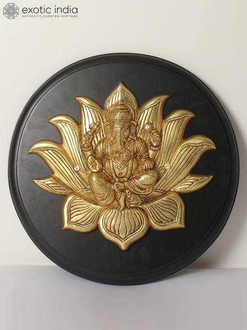 13" Brass Lotus Ganesha Wall Hanging with Wood Frame