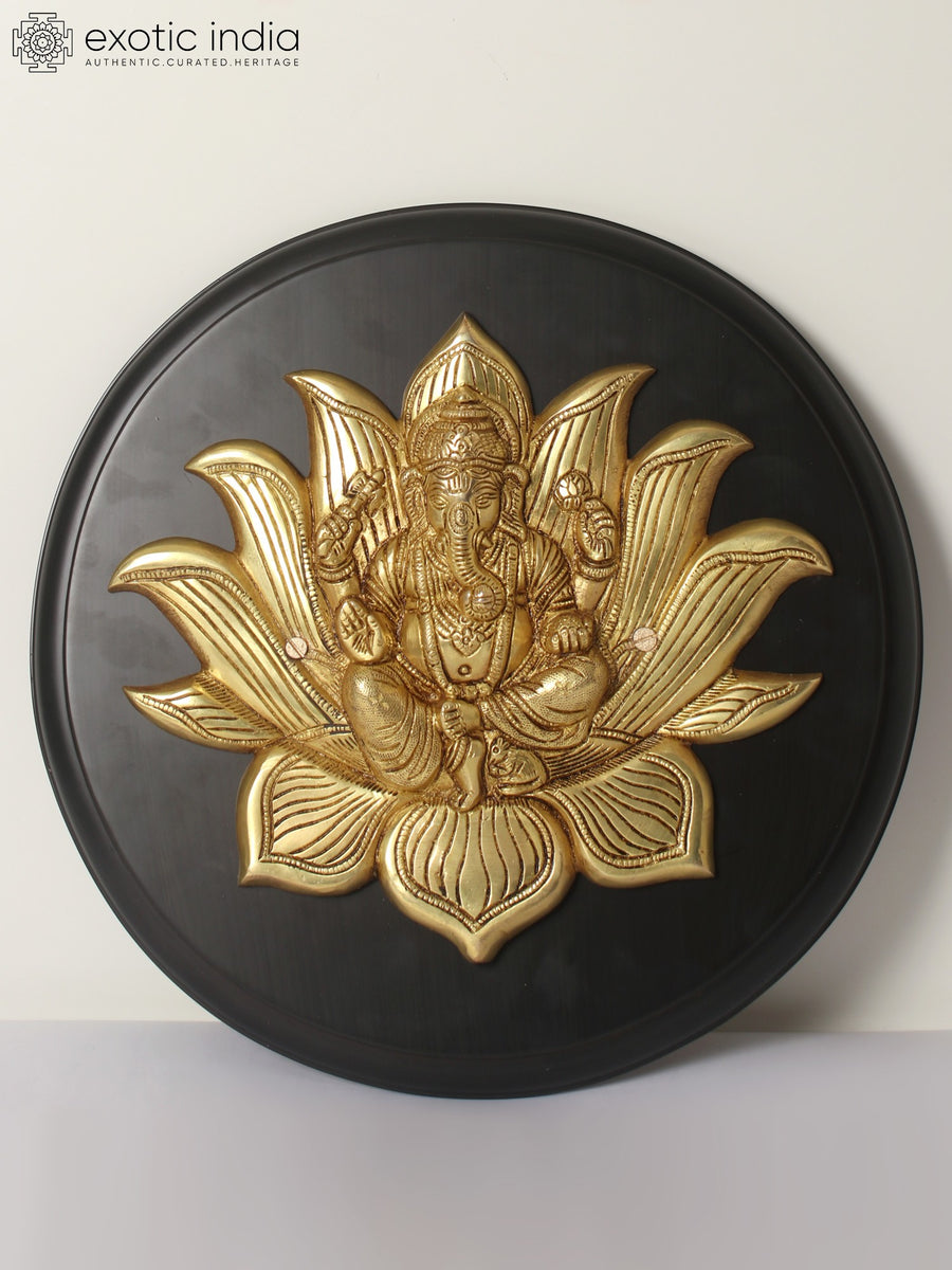 13" Brass Lotus Ganesha Wall Hanging with Wood Frame