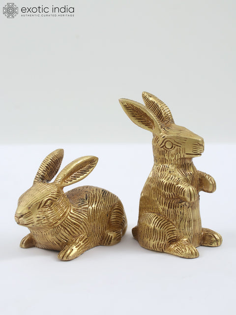 3" Small Pair of Cute Rabbits Brass Figurines