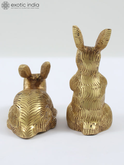 3" Small Pair of Cute Rabbits Brass Figurines