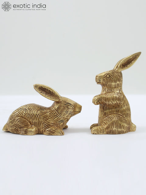 3" Small Pair of Cute Rabbits Brass Figurines