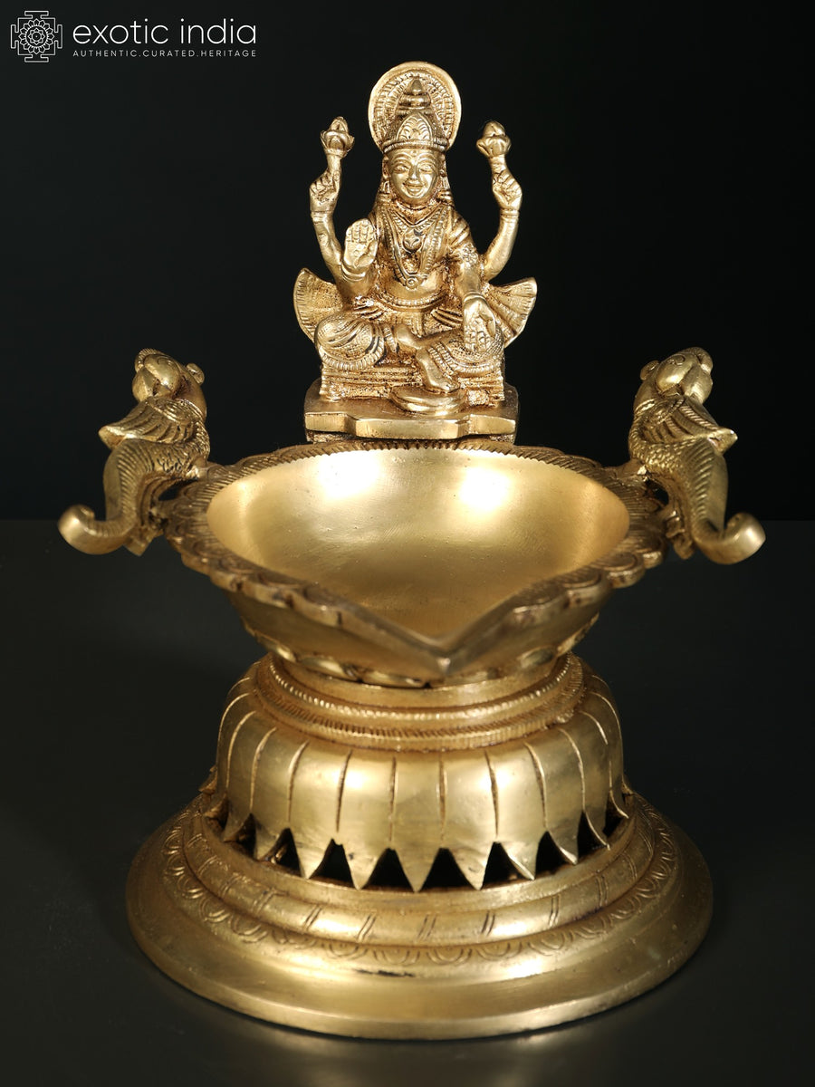 8" Goddess Lakshmi Brass Designer Lamp for Pooja