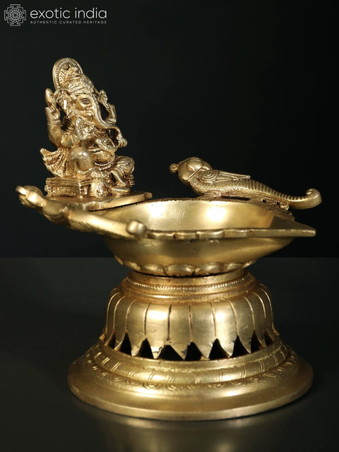8" Designer Ganesha Lamp in Brass with Peacocks