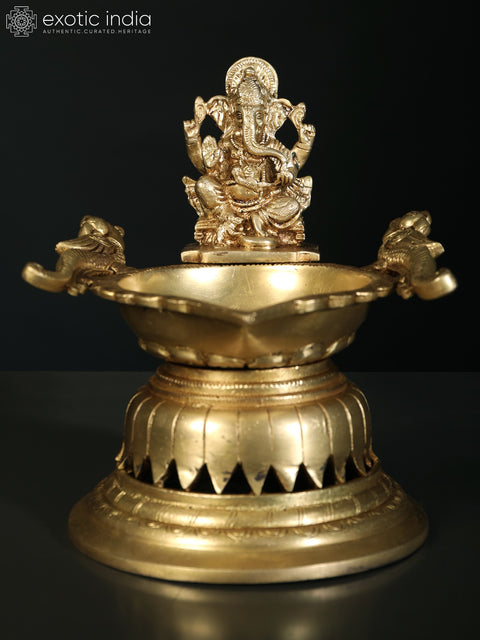 8" Designer Ganesha Lamp in Brass with Peacocks