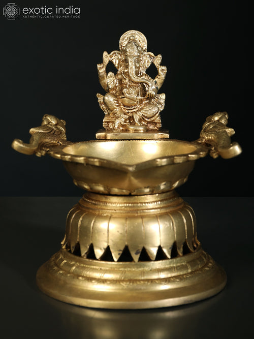8" Handmade Ganesha Brass Lamp with Peacock Design