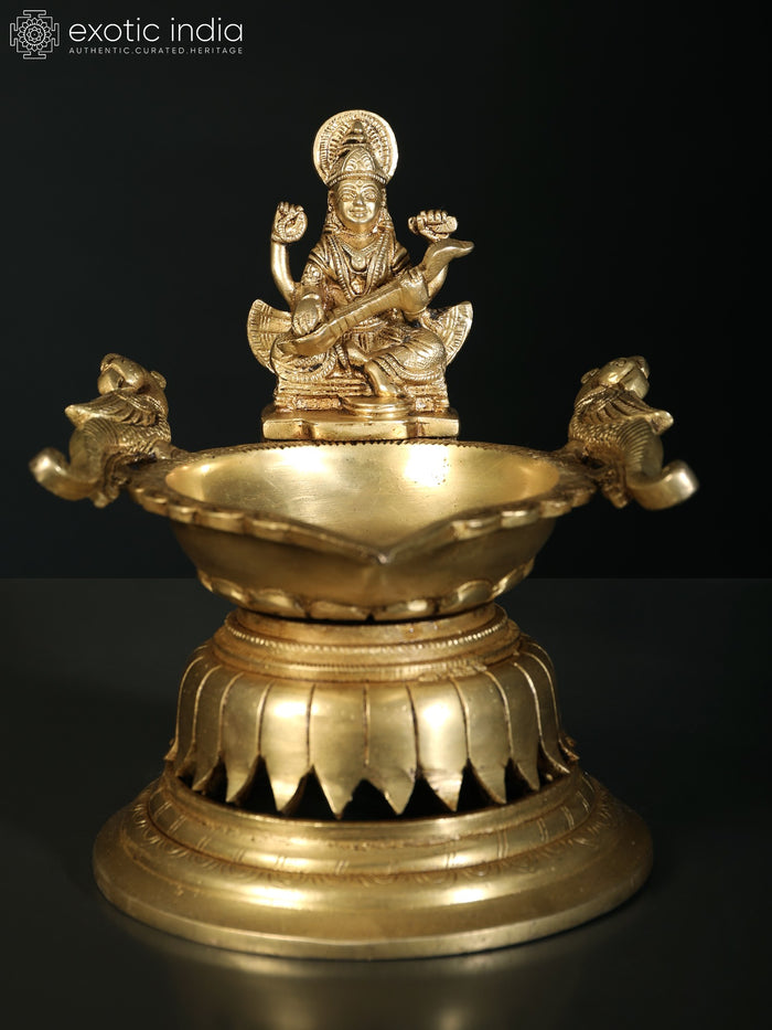 8" Brass Devi Saraswati Designer Lamp for Pooja