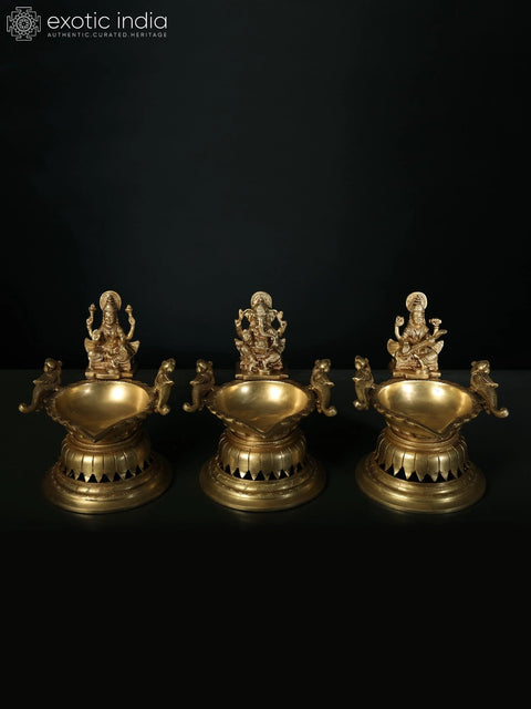 8" Brass Lakshmi Ganesha Saraswati Designer Lamp (Set of Three)